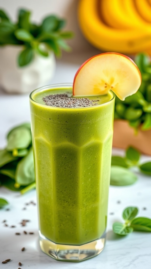 A refreshing green detox smoothie in a glass, topped with chia seeds and an apple slice, surrounded by fresh ingredients.